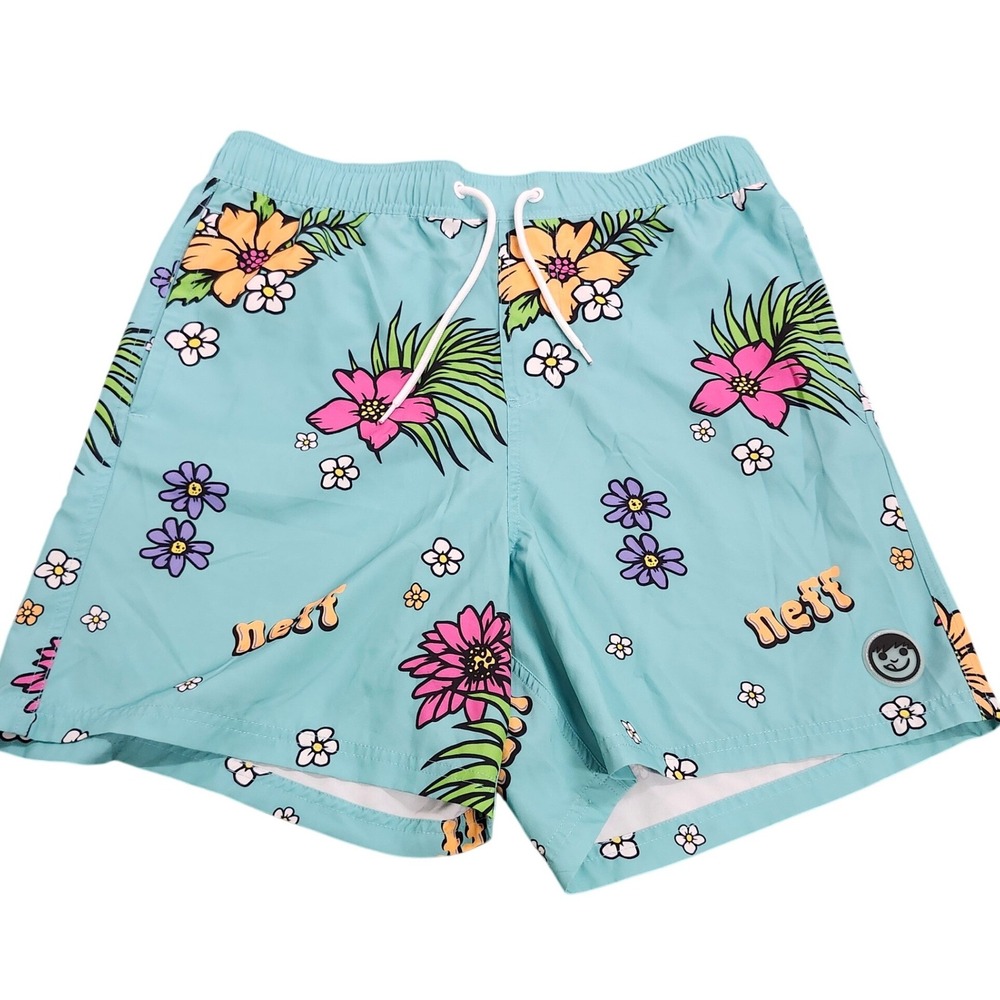 Neff Mens XL Swim Trunks Teal Blue Floral Tropical Hibiscus Board Shorts Smiley